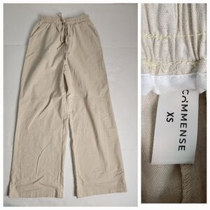 Commense Pants XS Elastic Waist Drawstring Linen High Rise Wide leg Pockets